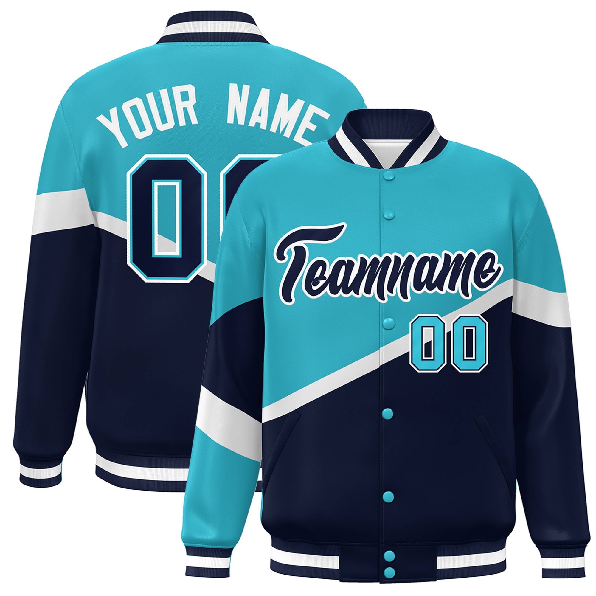 Custom Light Blue Navy-White Color Block Bomber Varsity Baseball Jacket