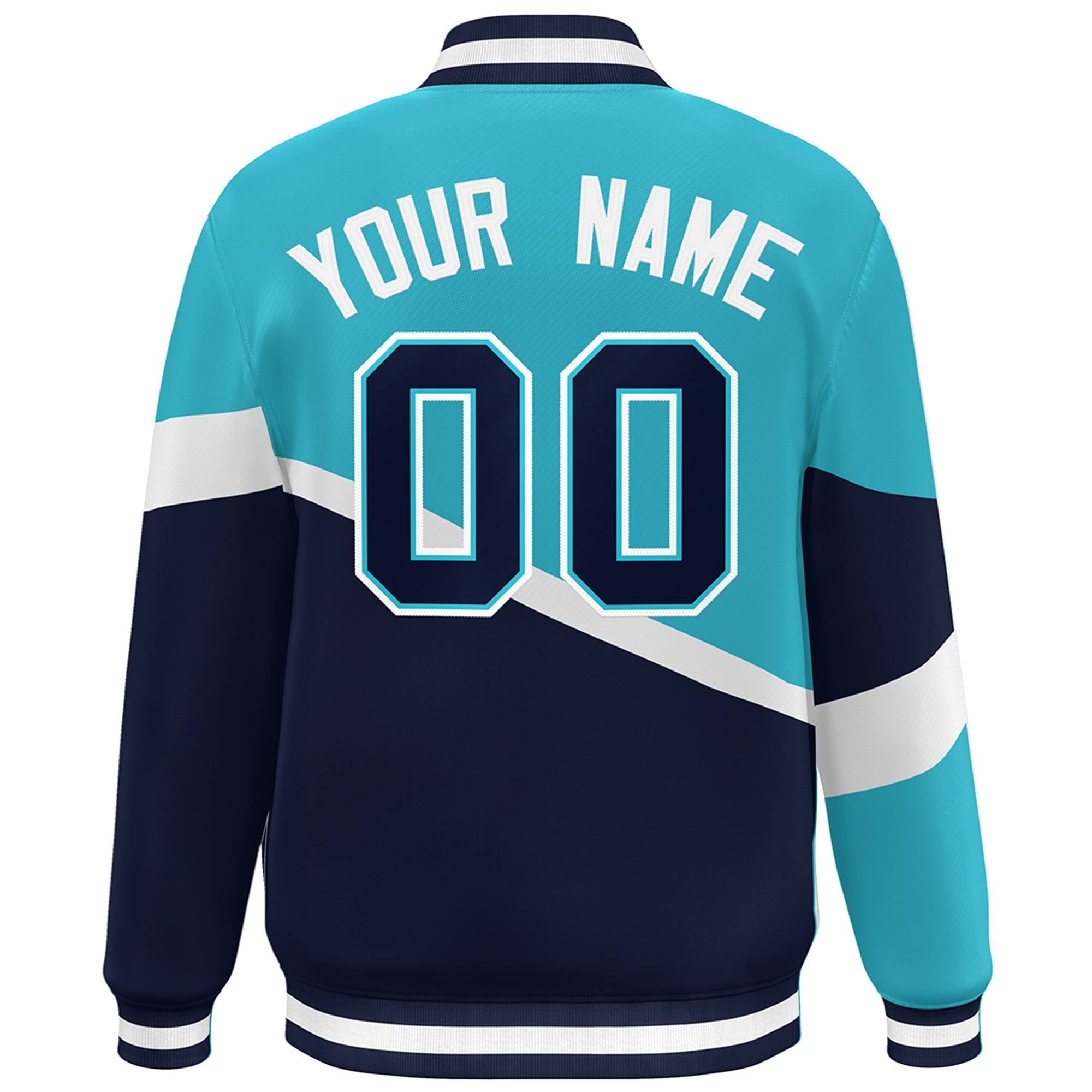 Custom Light Blue Navy-White Color Block Bomber Varsity Baseball Jacket