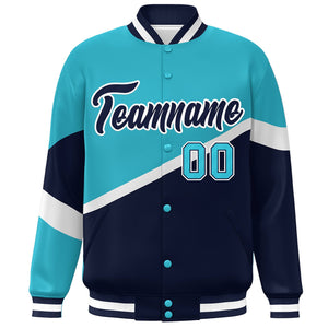 Custom Light Blue Navy-White Color Block Bomber Varsity Baseball Jacket