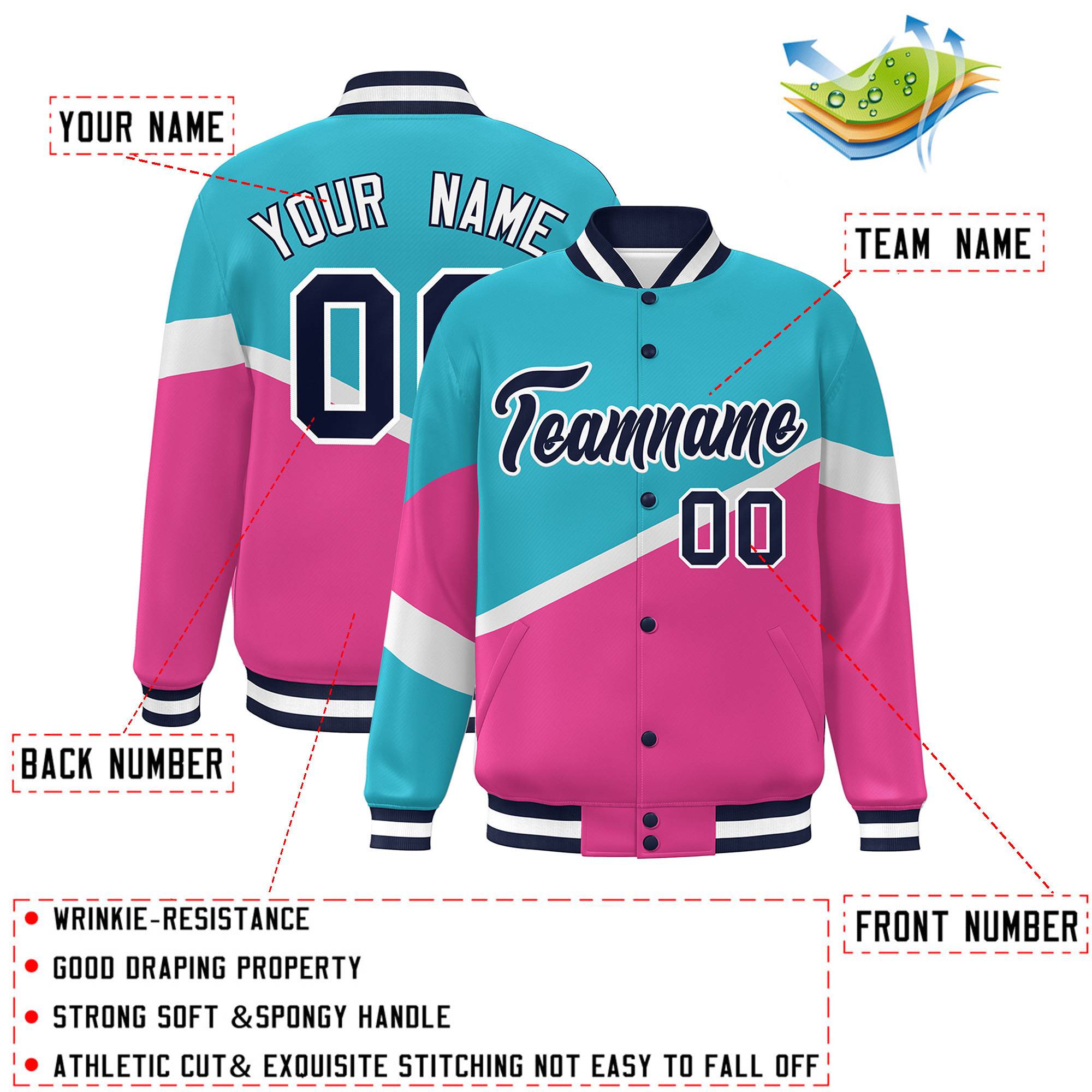 Custom Light Blue Pink Navy-White Color Block Bomber Varsity Baseball Jacket