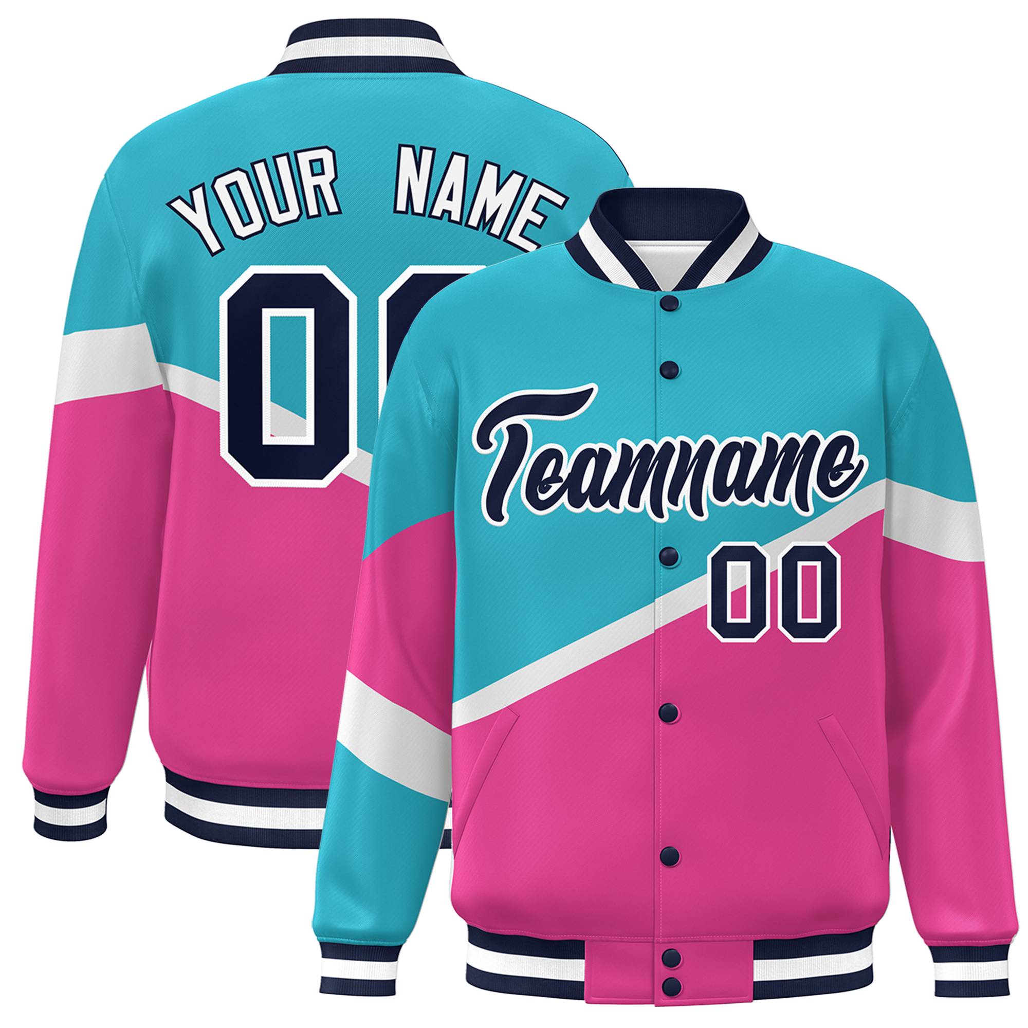 Custom Light Blue Pink Navy-White Color Block Bomber Varsity Baseball Jacket