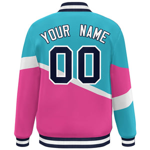 Custom Light Blue Pink Navy-White Color Block Bomber Varsity Baseball Jacket