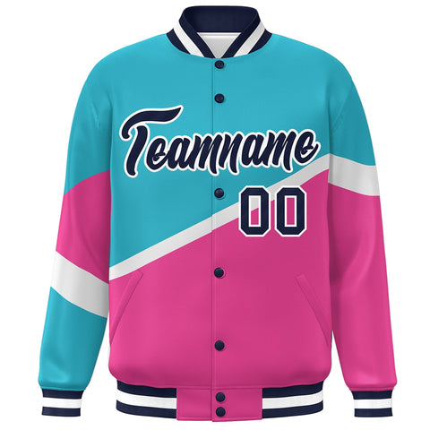 Custom Light Blue Pink Navy-White Color Block Bomber Varsity Baseball Jacket