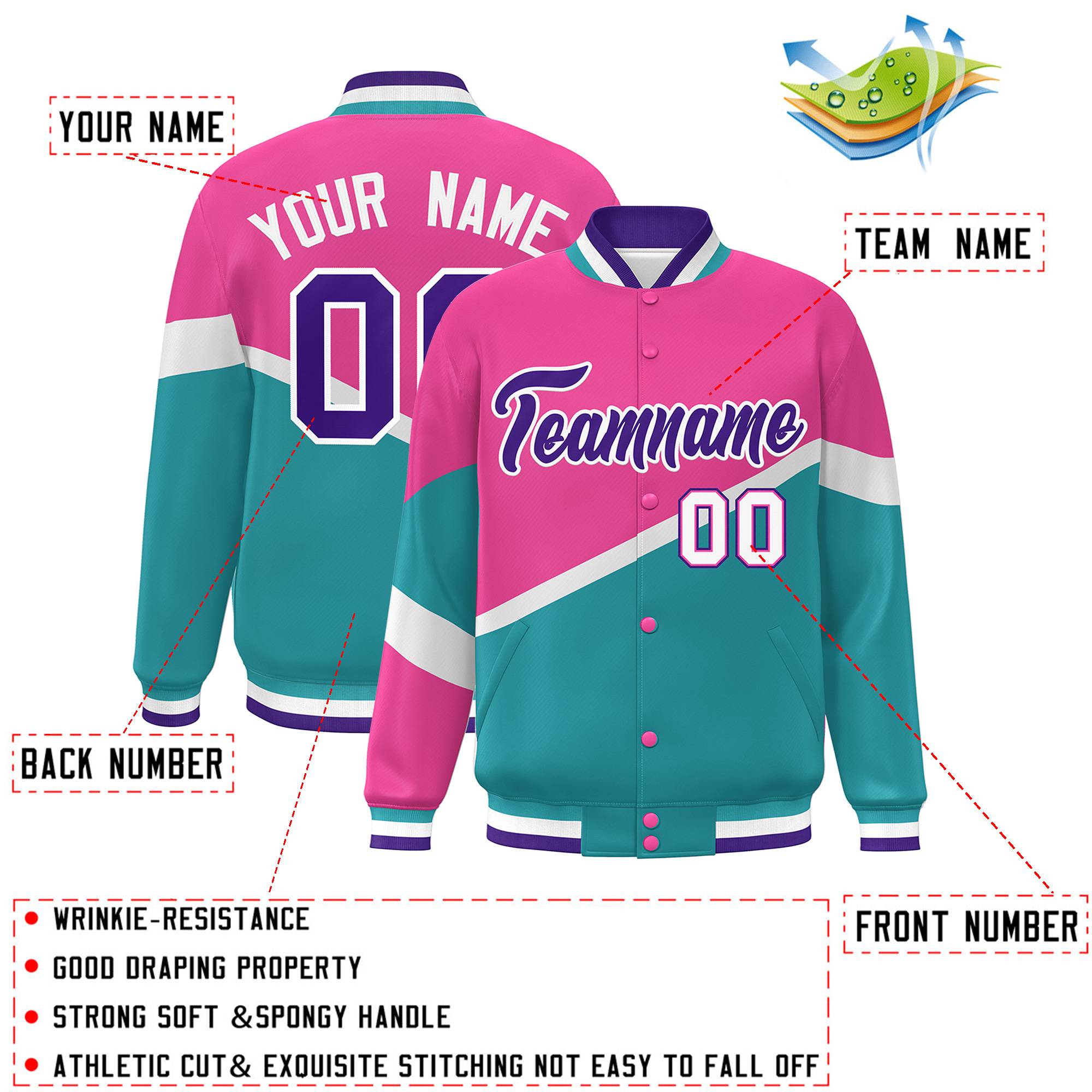 Custom Pink Aqua Purple-White Color Block Bomber Varsity Baseball Jacket