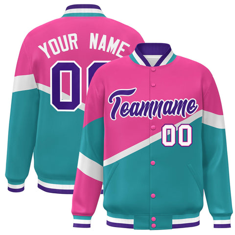 Custom Pink Aqua Purple-White Color Block Bomber Varsity Baseball Jacket