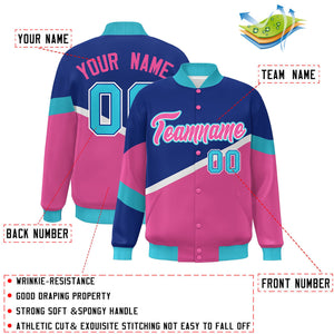 Custom Royal Pink-White Color Block Bomber Varsity Baseball Jacket