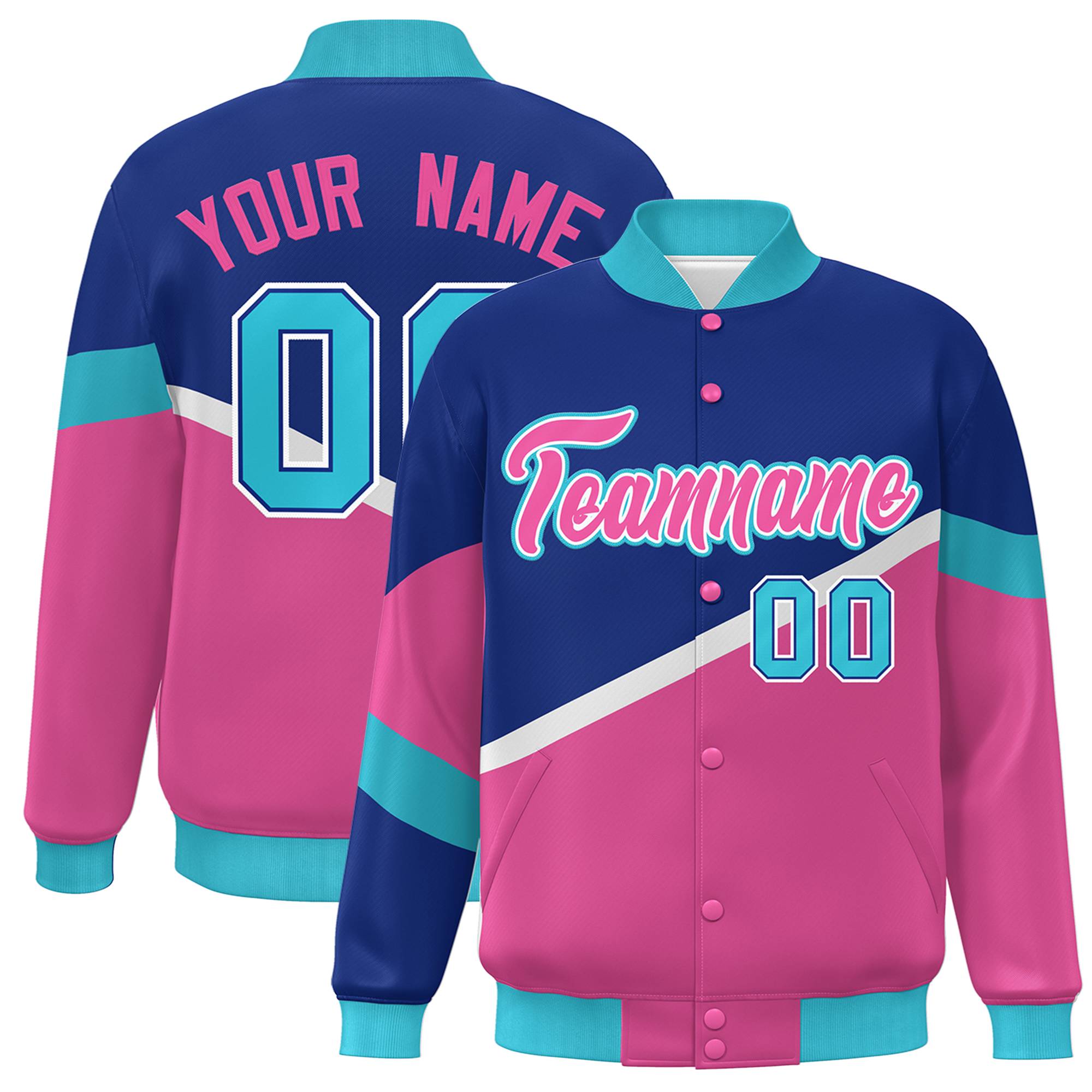 Custom Royal Pink-White Color Block Bomber Varsity Baseball Jacket