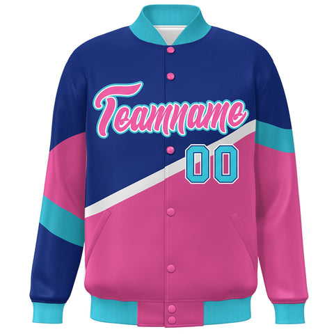 Custom Royal Pink-White Color Block Bomber Varsity Baseball Jacket