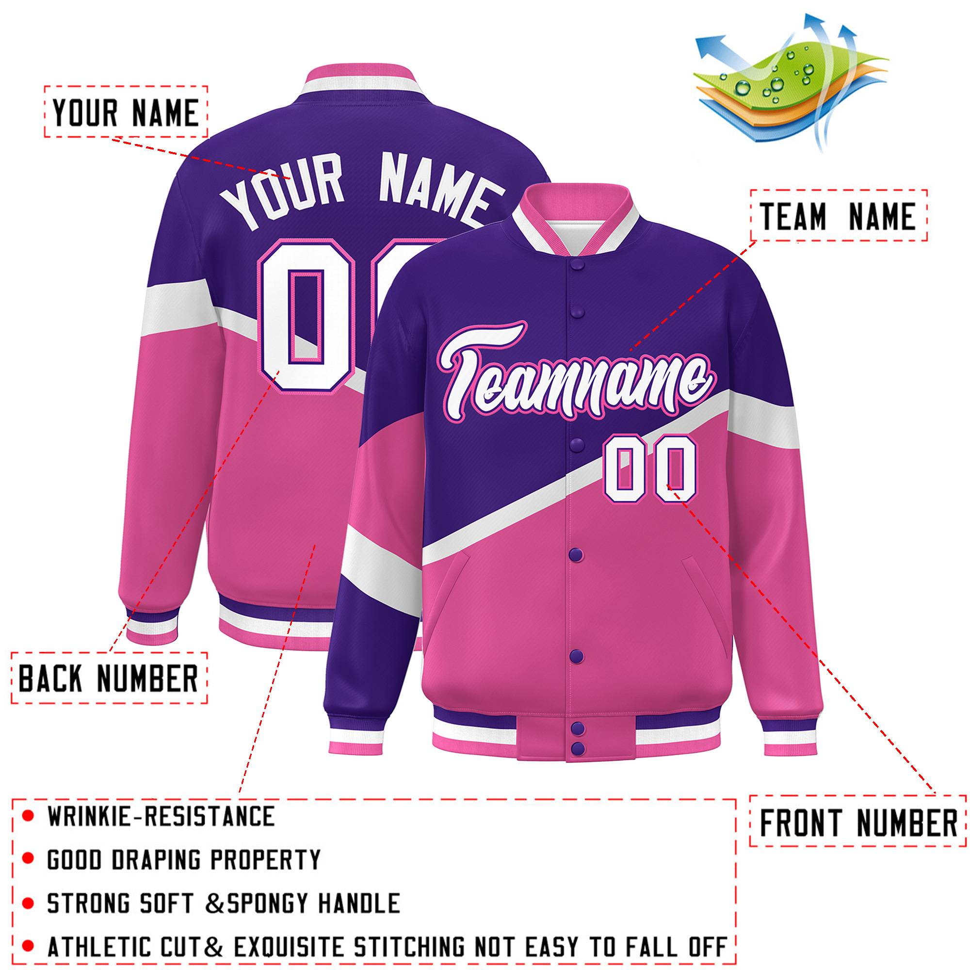 Custom Purple Pink White-Purple Color Block Bomber Varsity Baseball Jacket