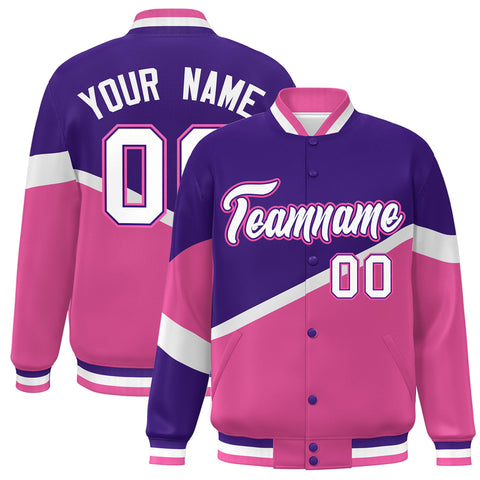 Custom Purple Pink White-Purple Color Block Bomber Varsity Baseball Jacket