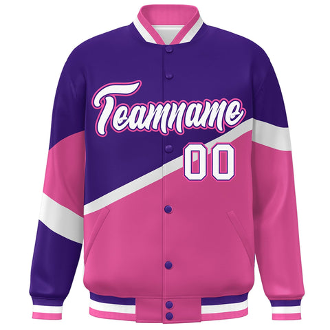 Custom Purple Pink White-Purple Color Block Bomber Varsity Baseball Jacket