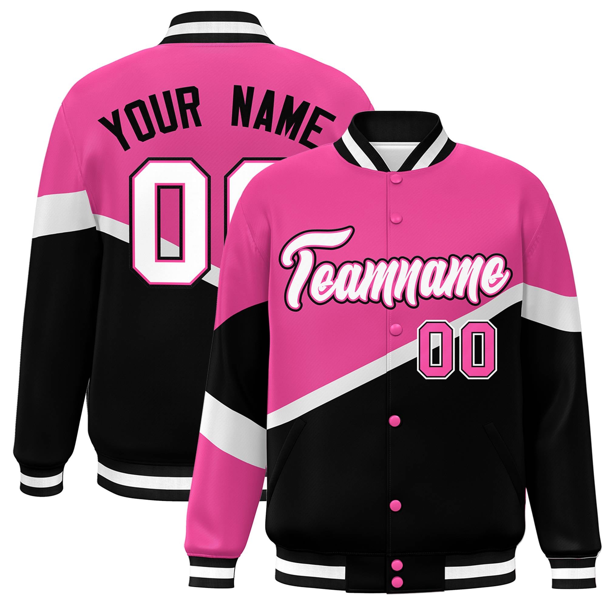 Custom Pink Black White-Pink Color Block Bomber Varsity Baseball Jacket