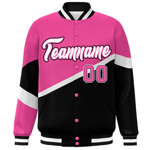 Custom Pink Black White-Pink Color Block Bomber Varsity Baseball Jacket