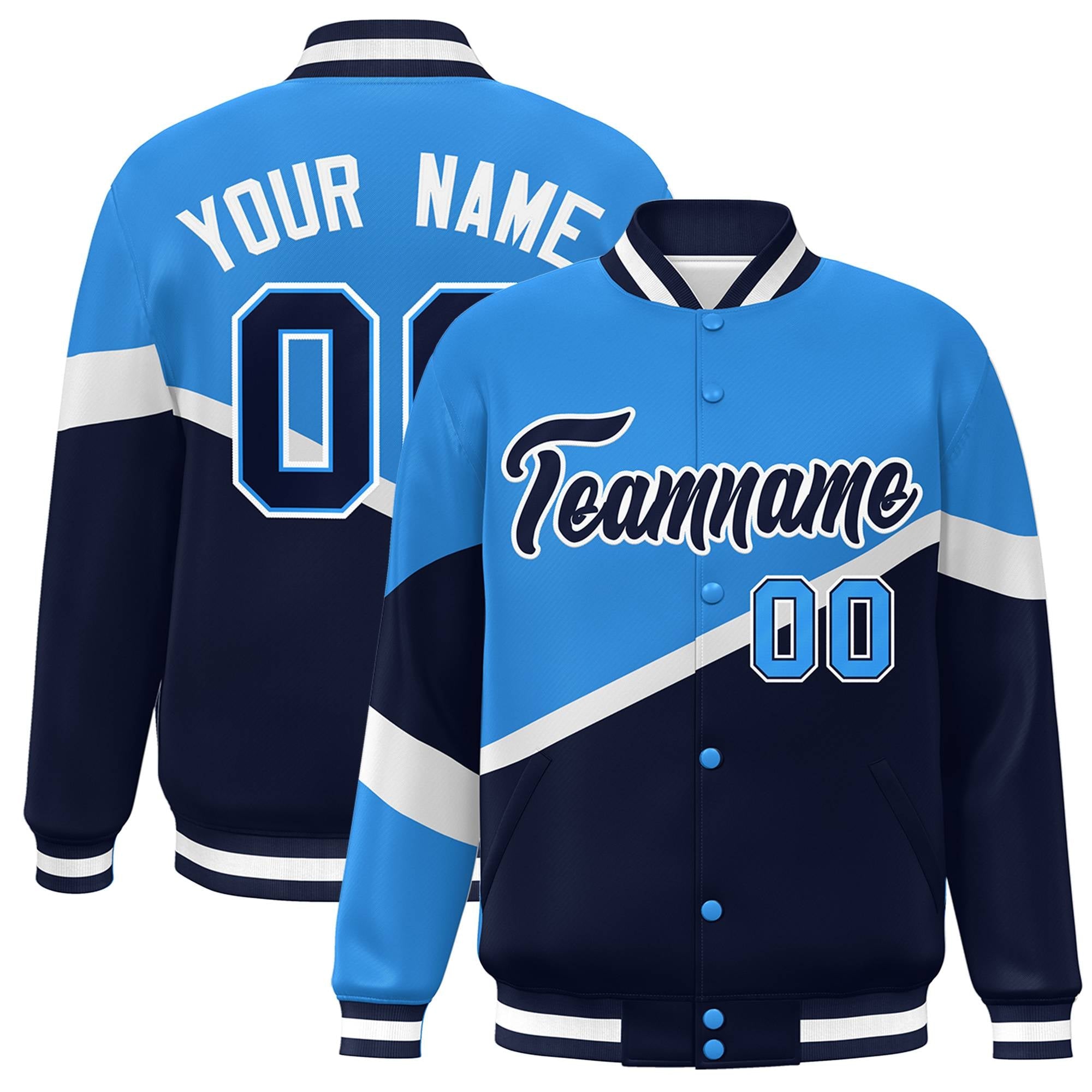 Custom Powder Blue Navy-White Color Block Bomber Varsity Baseball Jacket