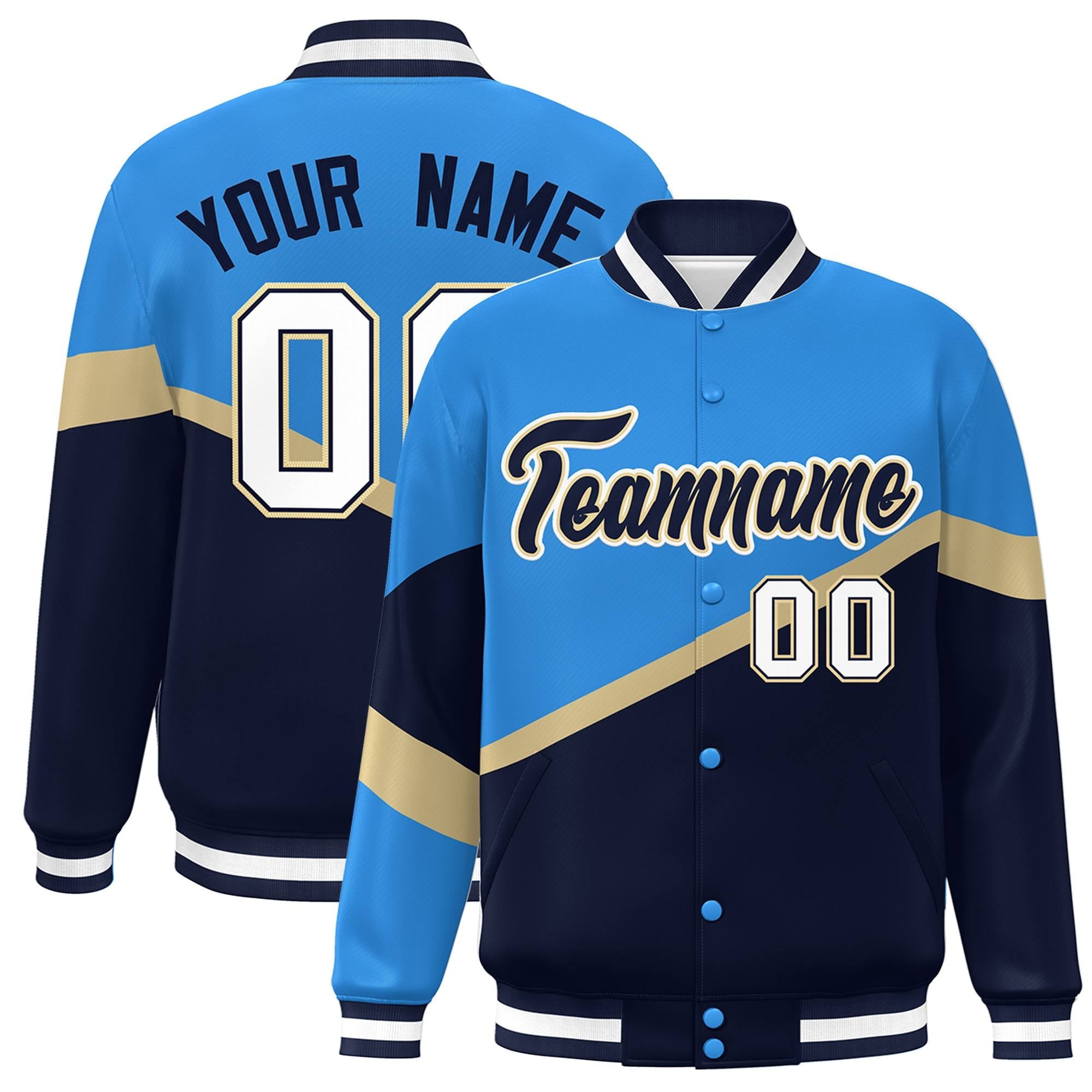 Custom Powder Blue Navy-Khaki Color Block Bomber Varsity Baseball Jacket