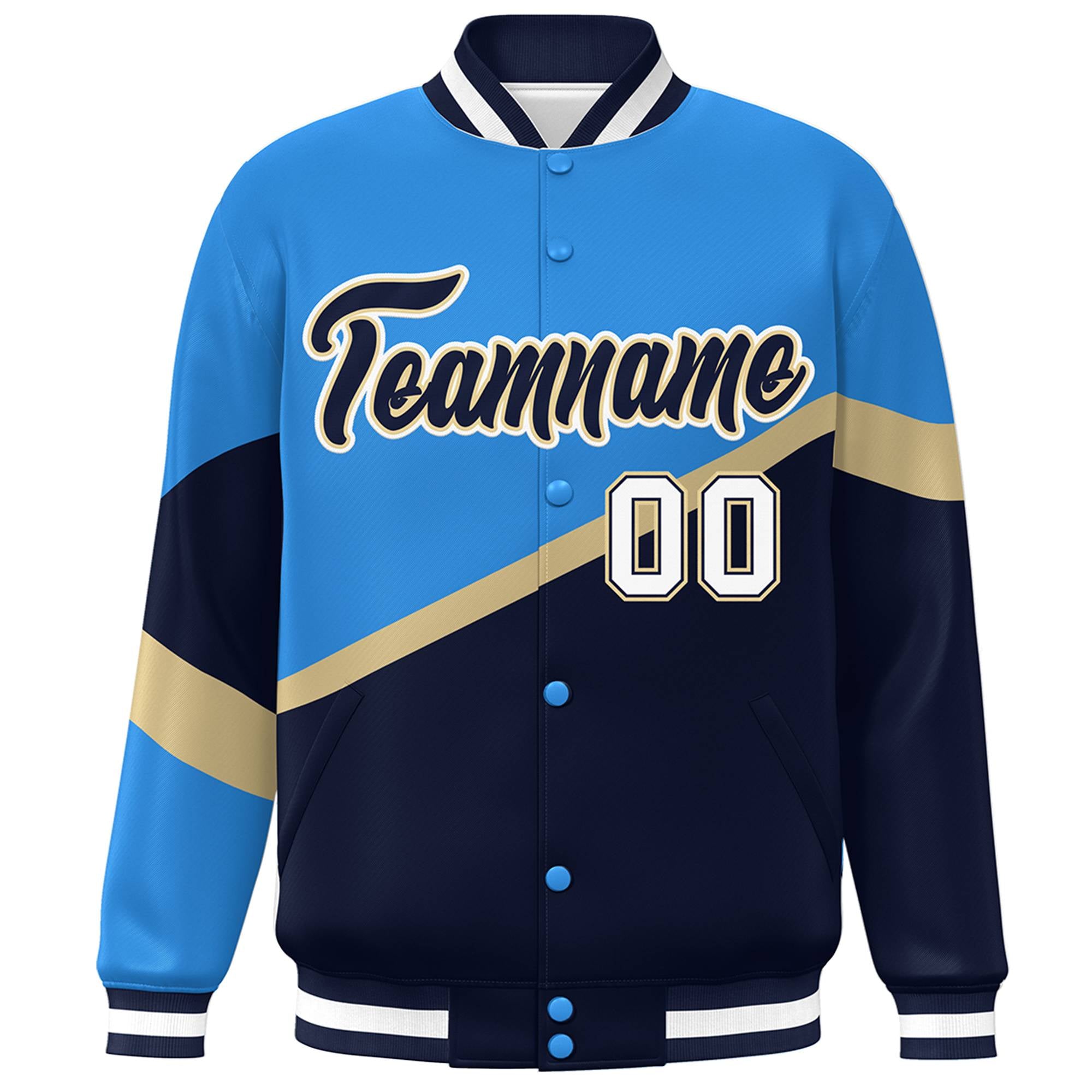 Custom Powder Blue Navy-Khaki Color Block Bomber Varsity Baseball Jacket