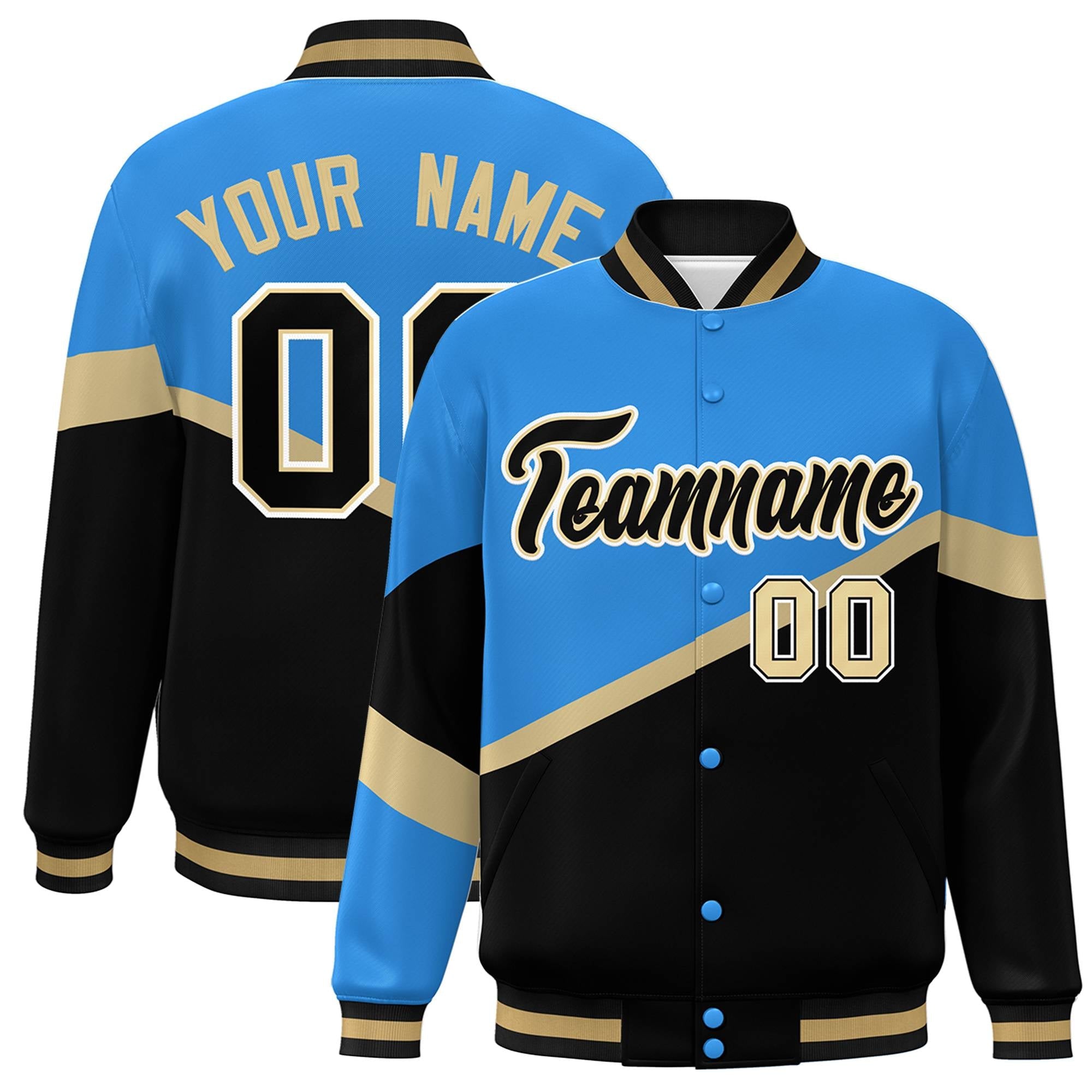 Custom Powder Blue Black-Khaki Color Block Bomber Varsity Baseball Jacket