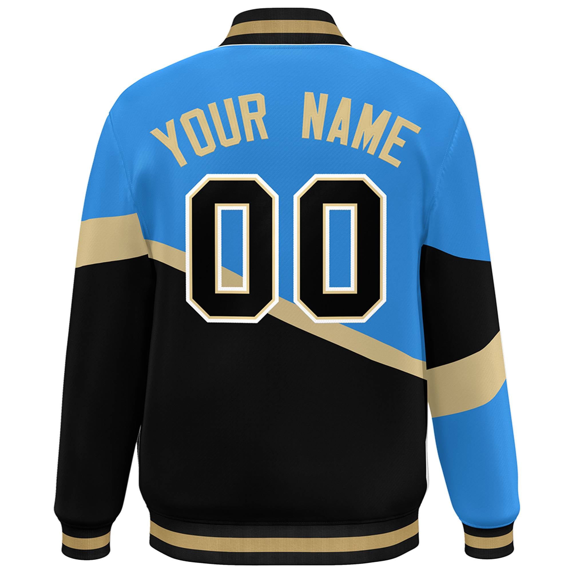 Custom Powder Blue Black-Khaki Color Block Bomber Varsity Baseball Jacket