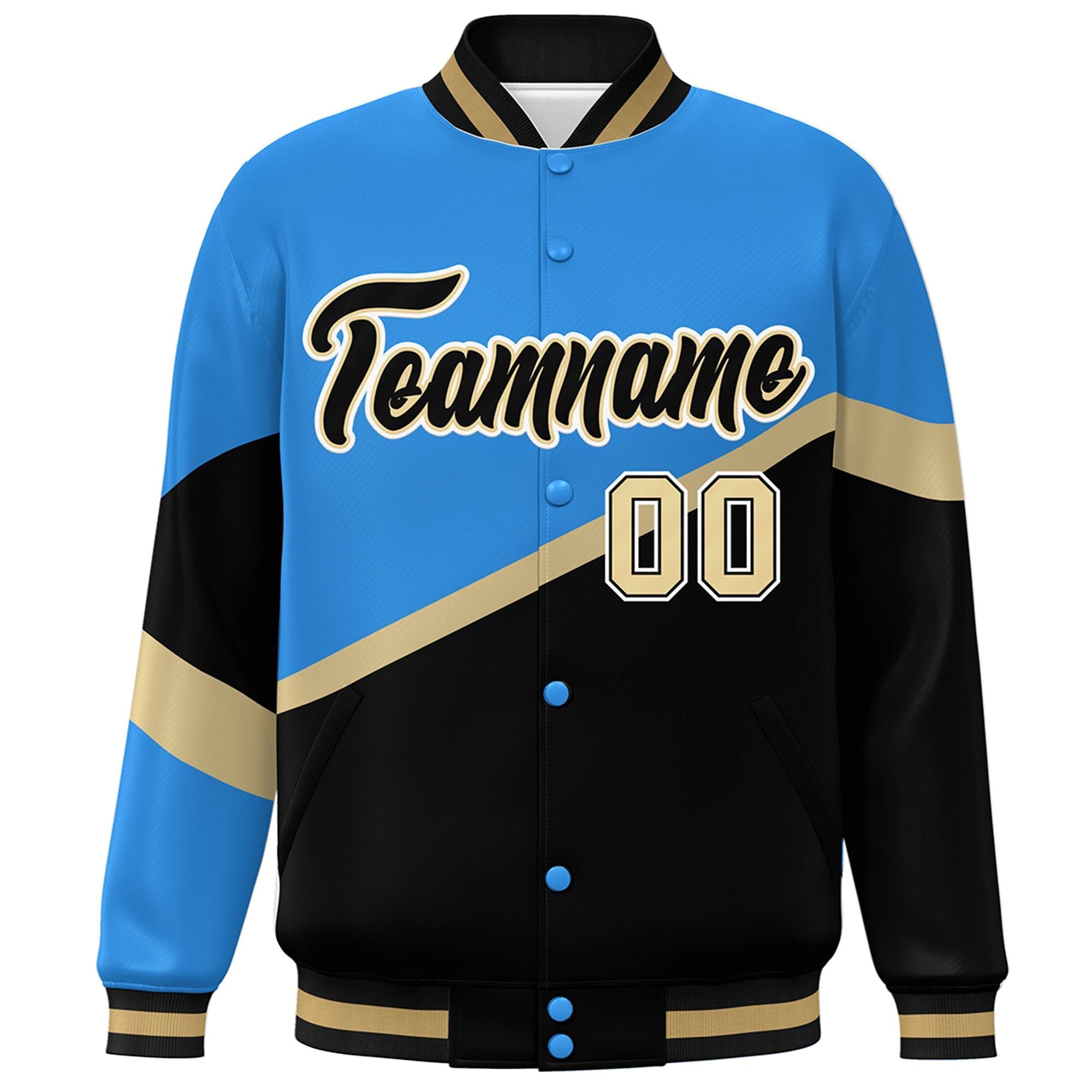 Custom Powder Blue Black-Khaki Color Block Bomber Varsity Baseball Jacket