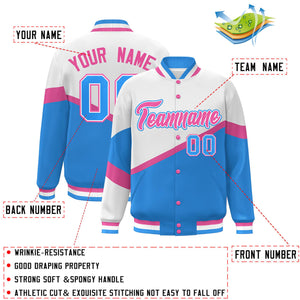 Custom White Powder Blue Pink-White Color Block Bomber Varsity Baseball Jacket