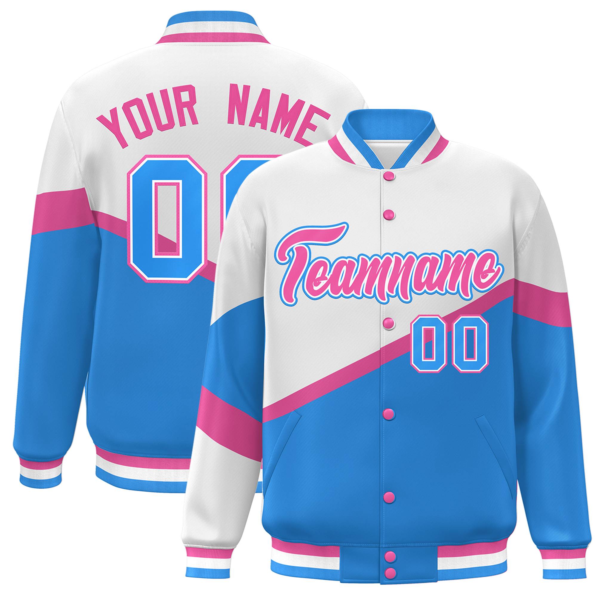 Custom White Powder Blue Pink-White Color Block Bomber Varsity Baseball Jacket