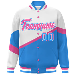 Custom White Powder Blue Pink-White Color Block Bomber Varsity Baseball Jacket