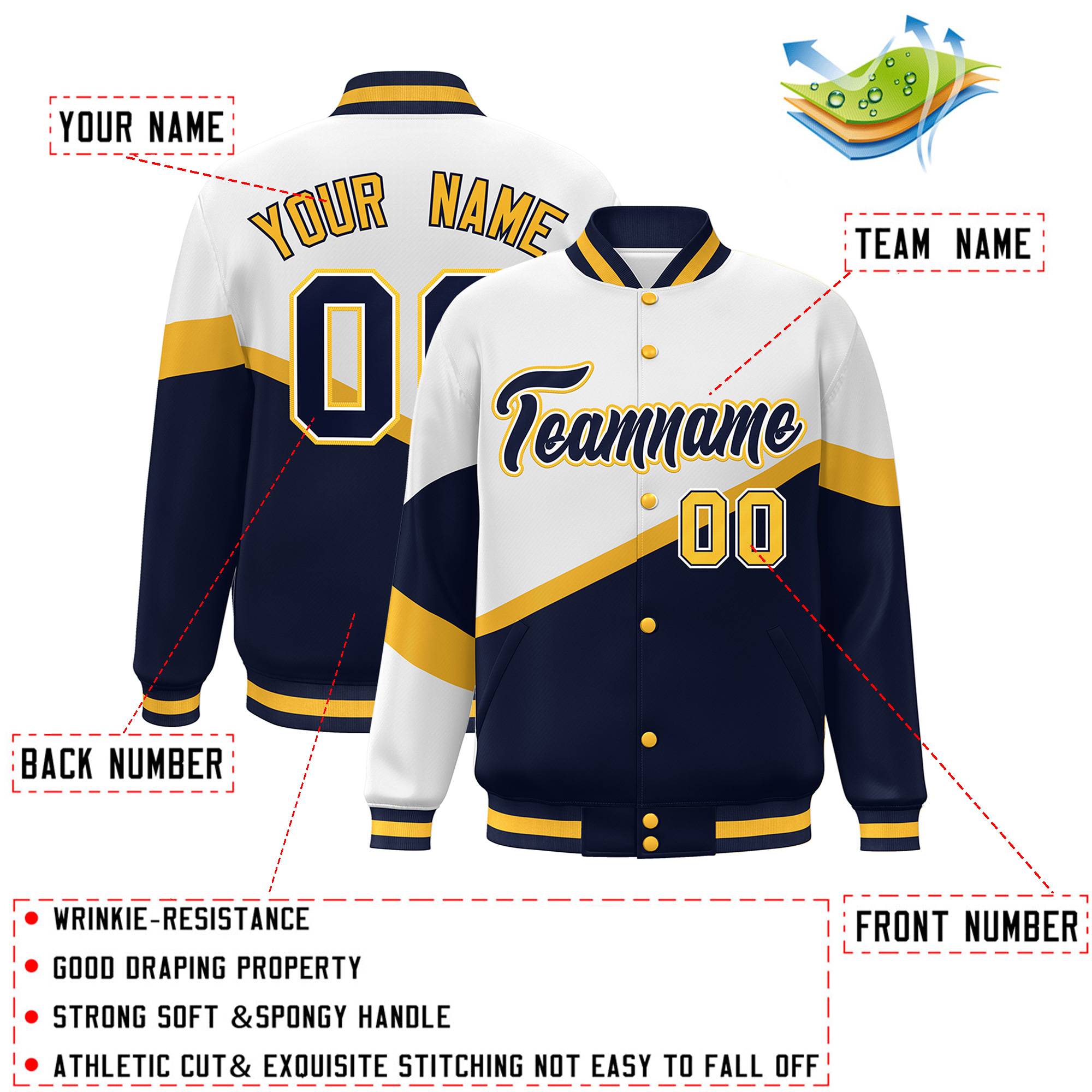 Custom White Navy-White Color Block Bomber Varsity Baseball Jacket