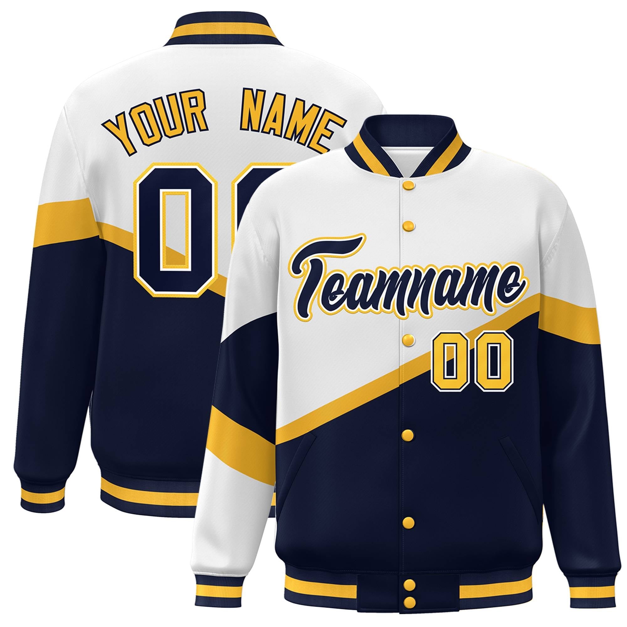 Custom White Navy-White Color Block Bomber Varsity Baseball Jacket