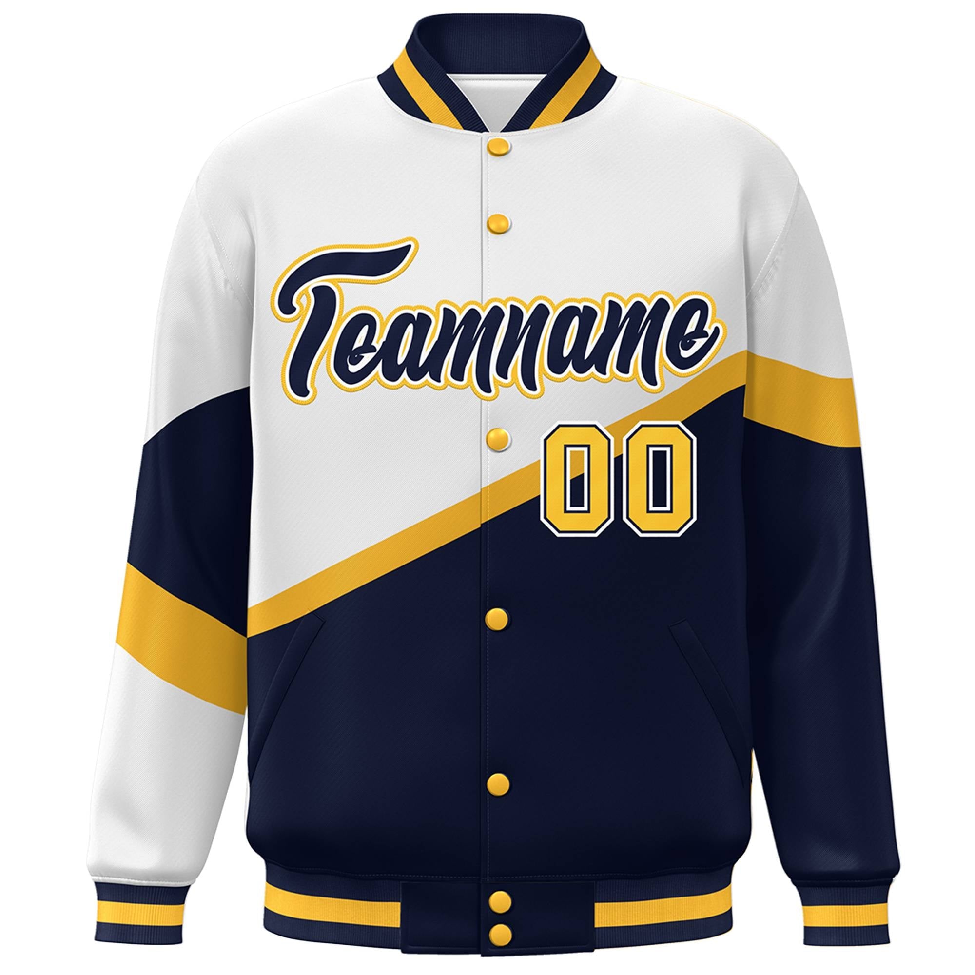 Custom White Navy-White Color Block Bomber Varsity Baseball Jacket