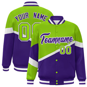 Custom Neon Green Purple-White Color Block Bomber Varsity Baseball Jacket