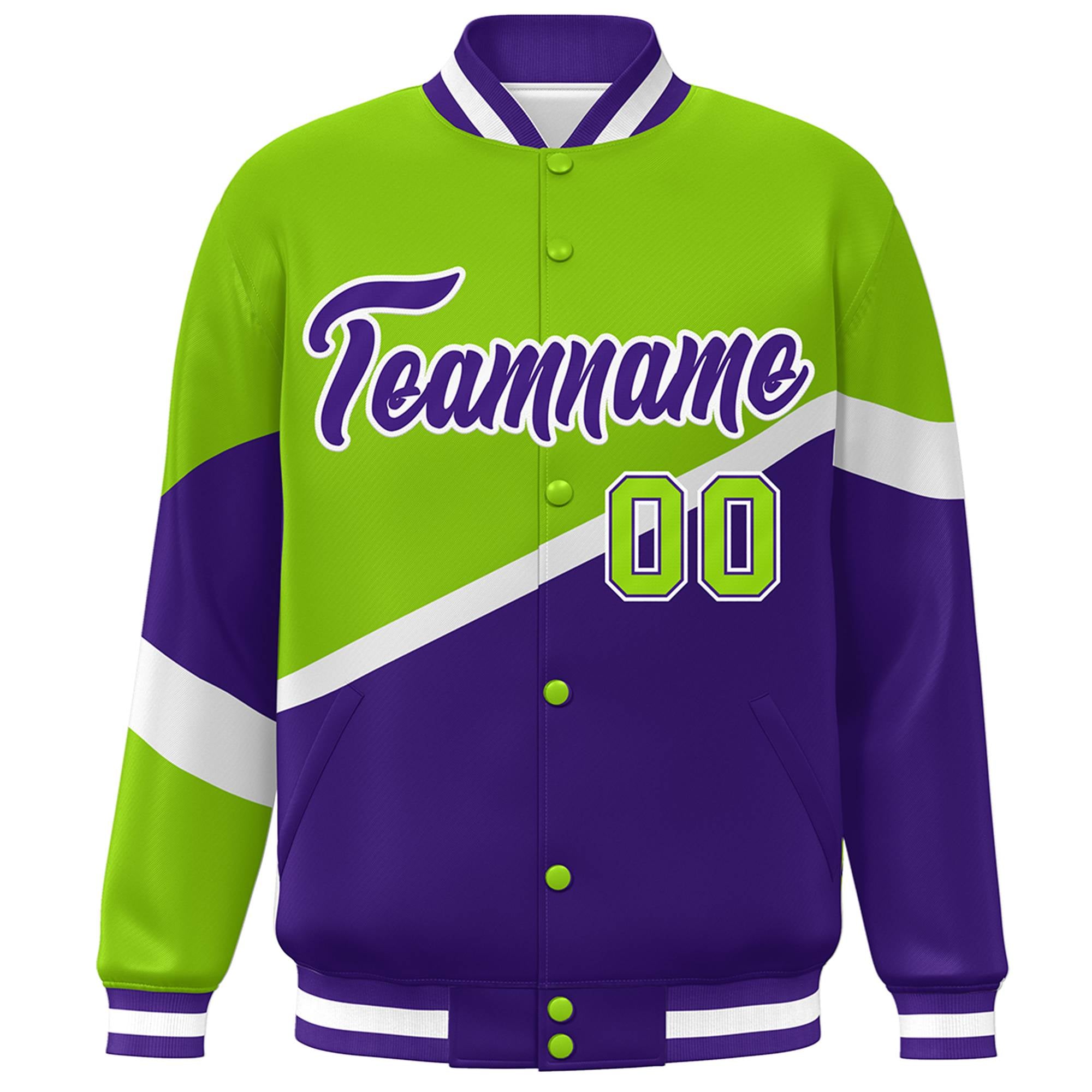 Custom Neon Green Purple-White Color Block Bomber Varsity Baseball Jacket