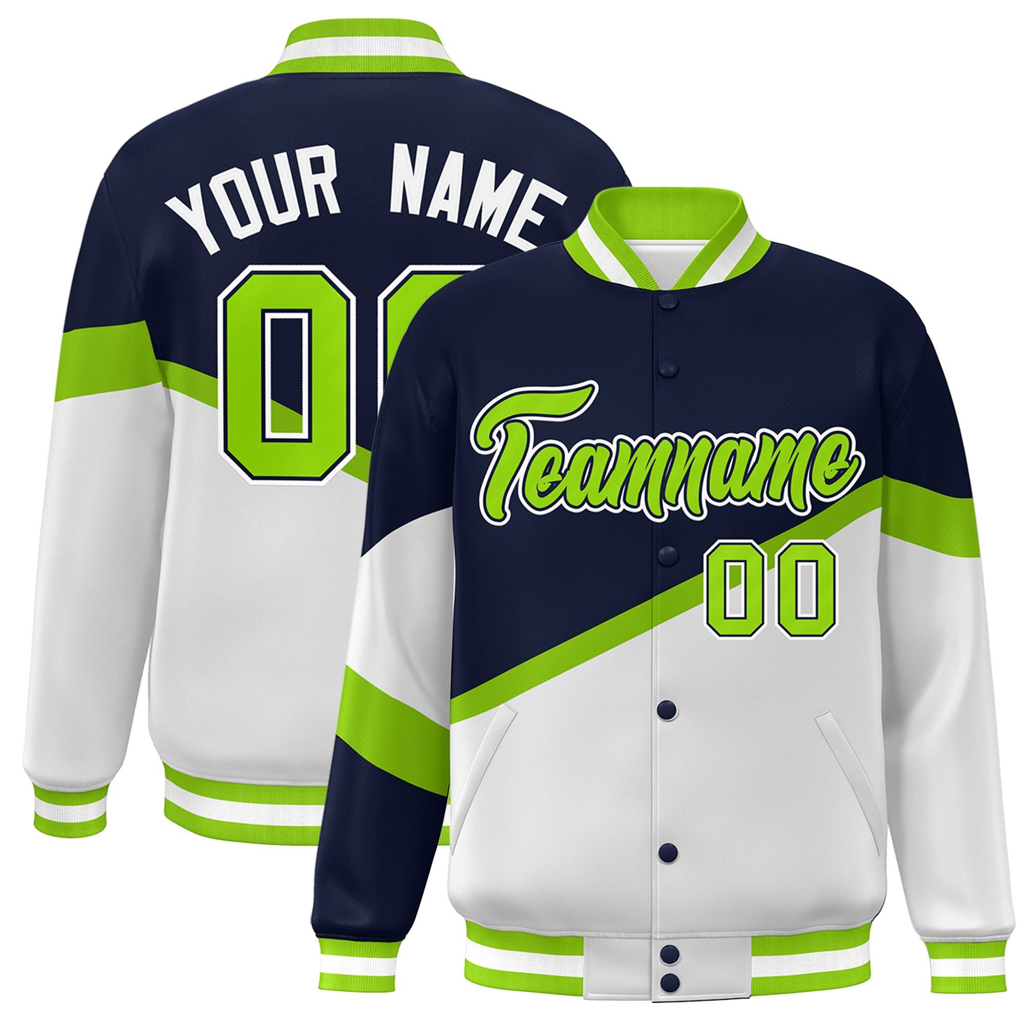 Custom Navy White Neon Green-Navy Color Block Bomber Varsity Baseball Jacket