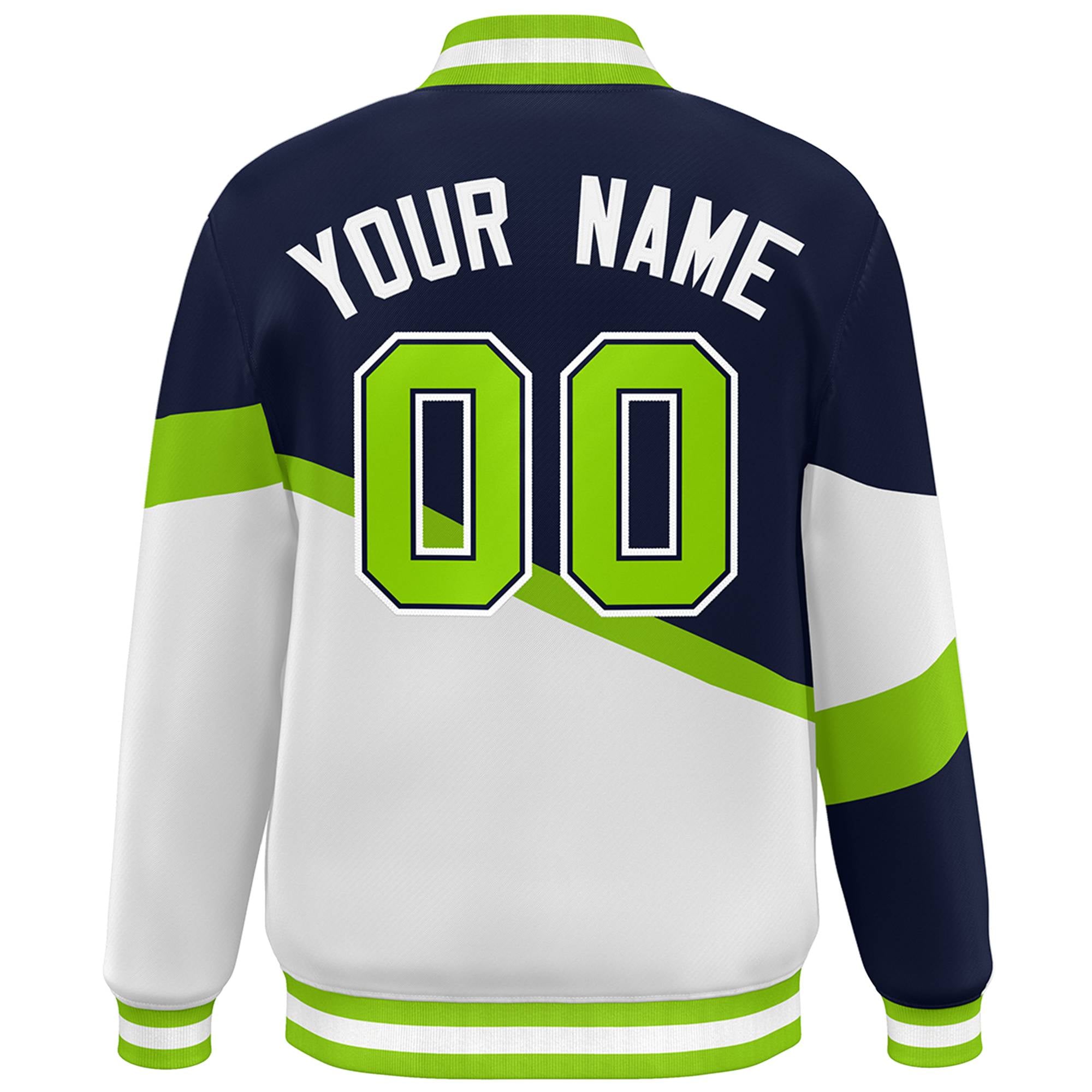 Custom Navy White Neon Green-Navy Color Block Bomber Varsity Baseball Jacket