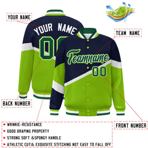 Custom Navy Neon Green-White Color Block Bomber Varsity Baseball Jacket