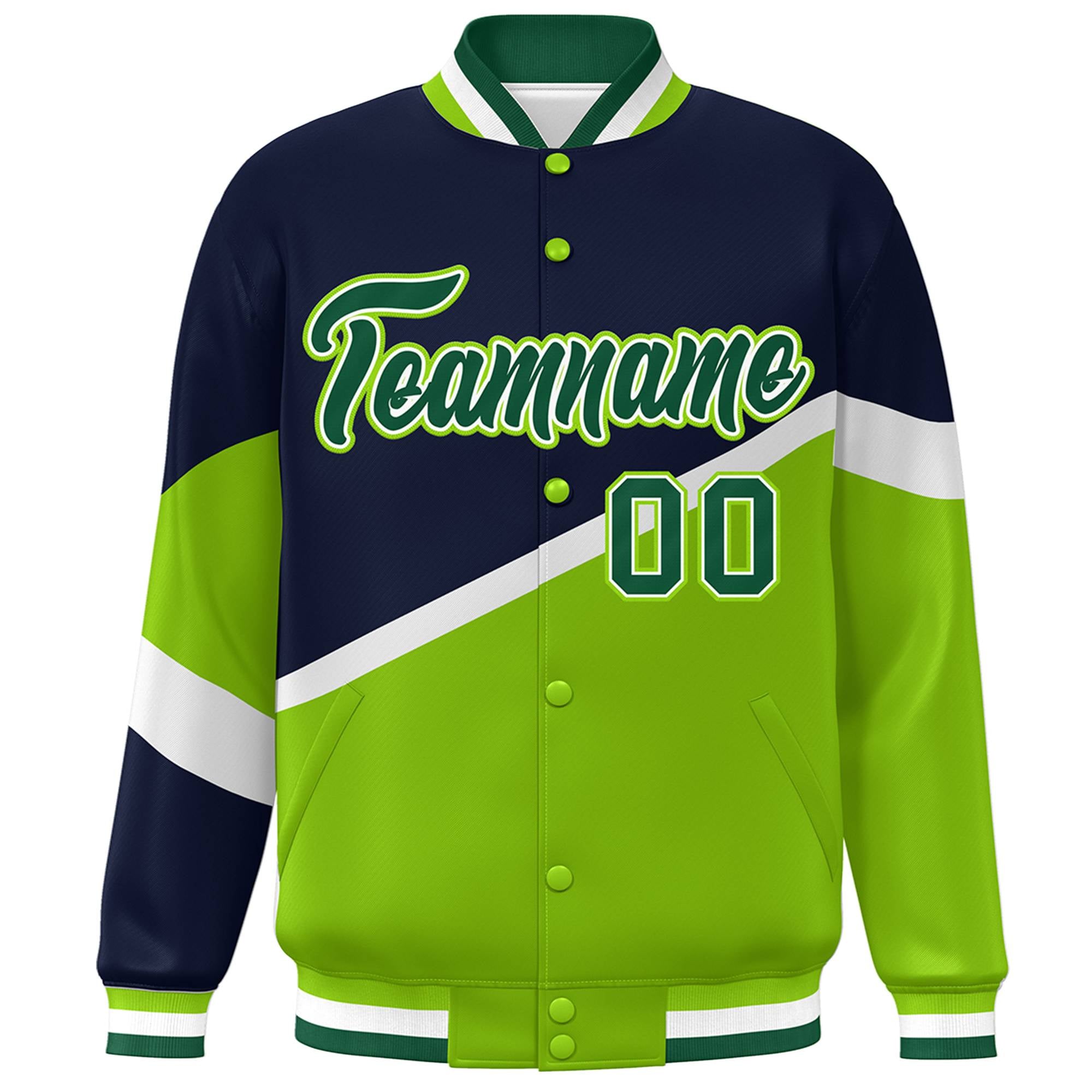 Custom Navy Neon Green-White Color Block Bomber Varsity Baseball Jacket