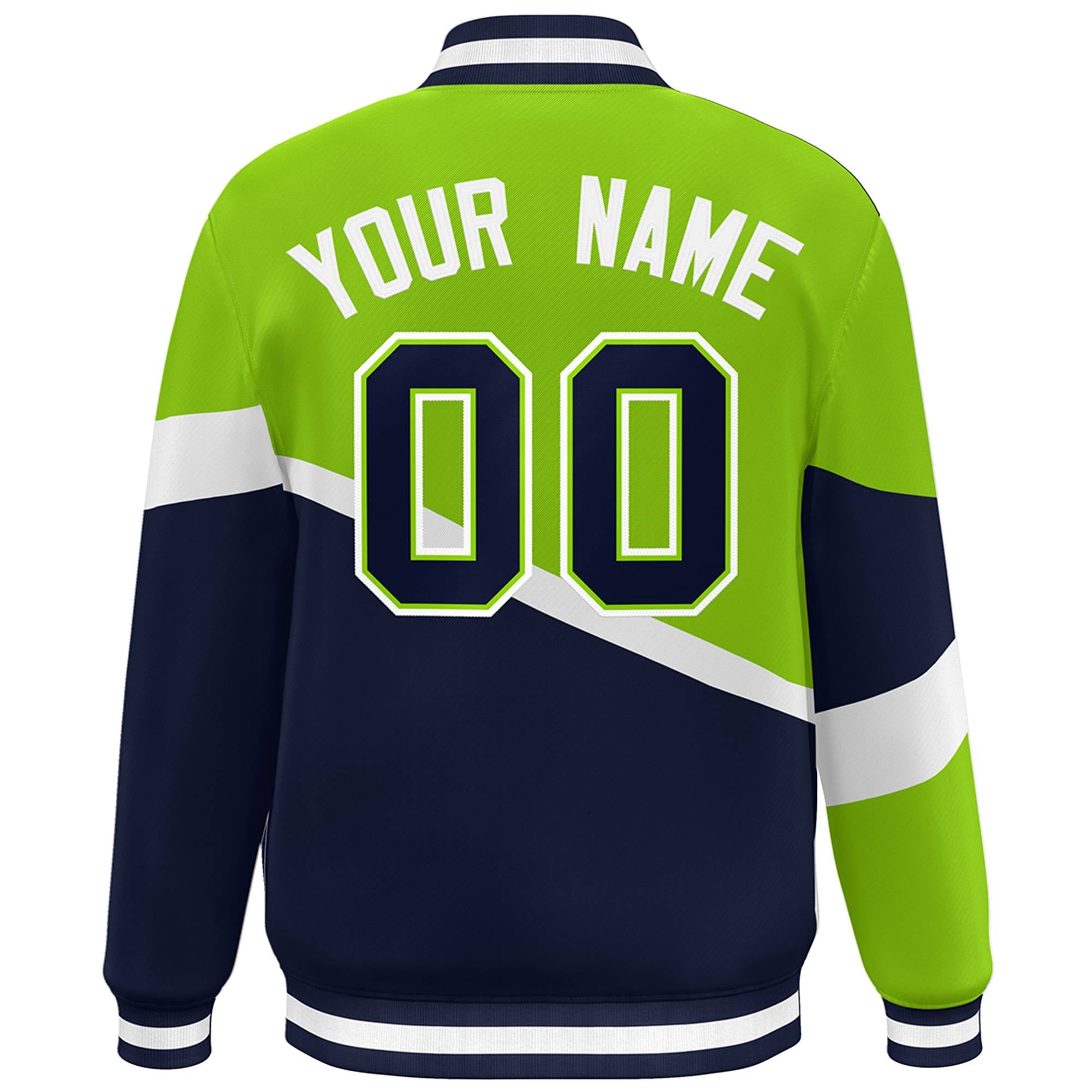 Custom Neon Green Navy-White Color Block Bomber Varsity Baseball Jacket