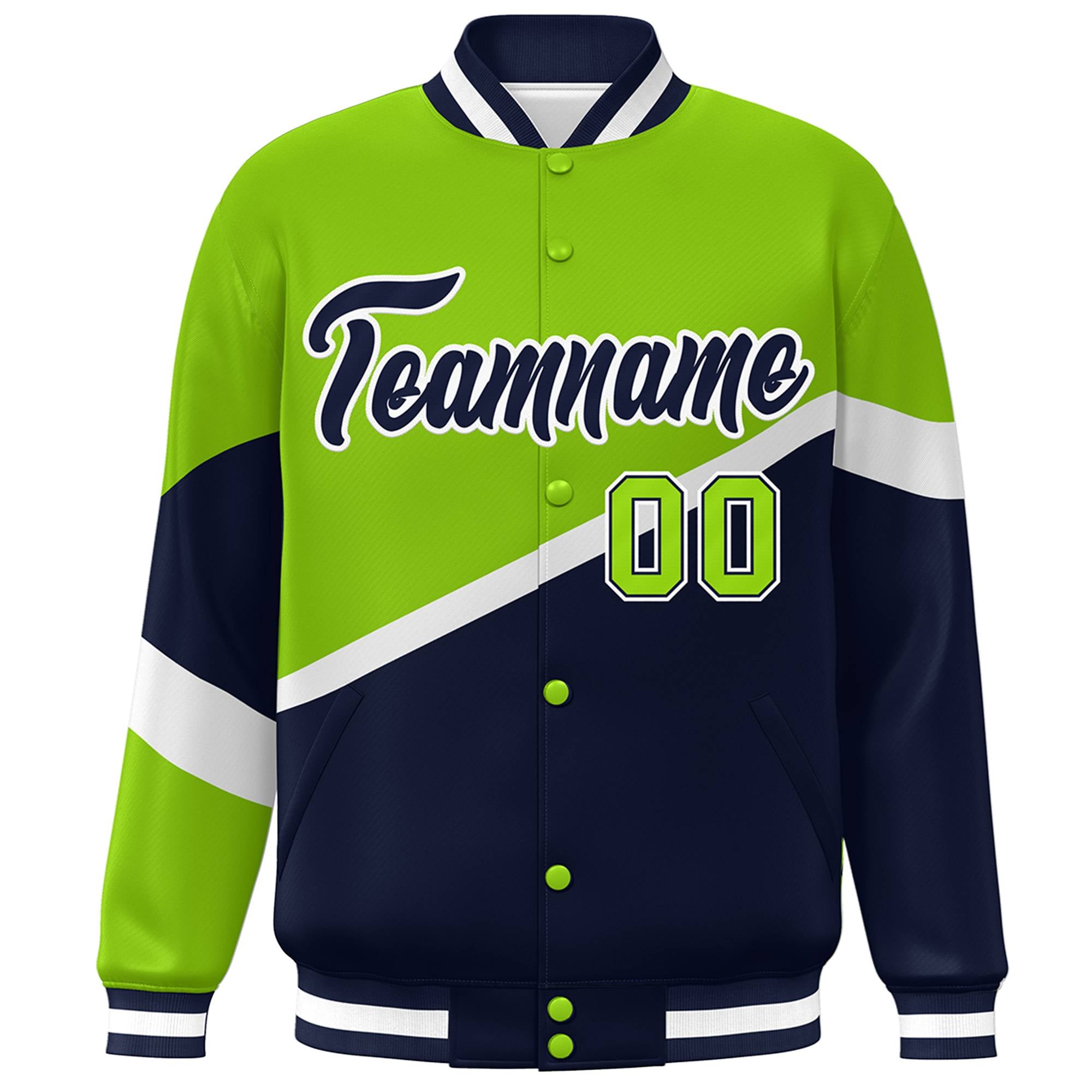 Custom Neon Green Navy-White Color Block Bomber Varsity Baseball Jacket