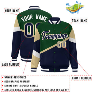 Custom Green Navy-White Color Block Bomber Varsity Baseball Jacket