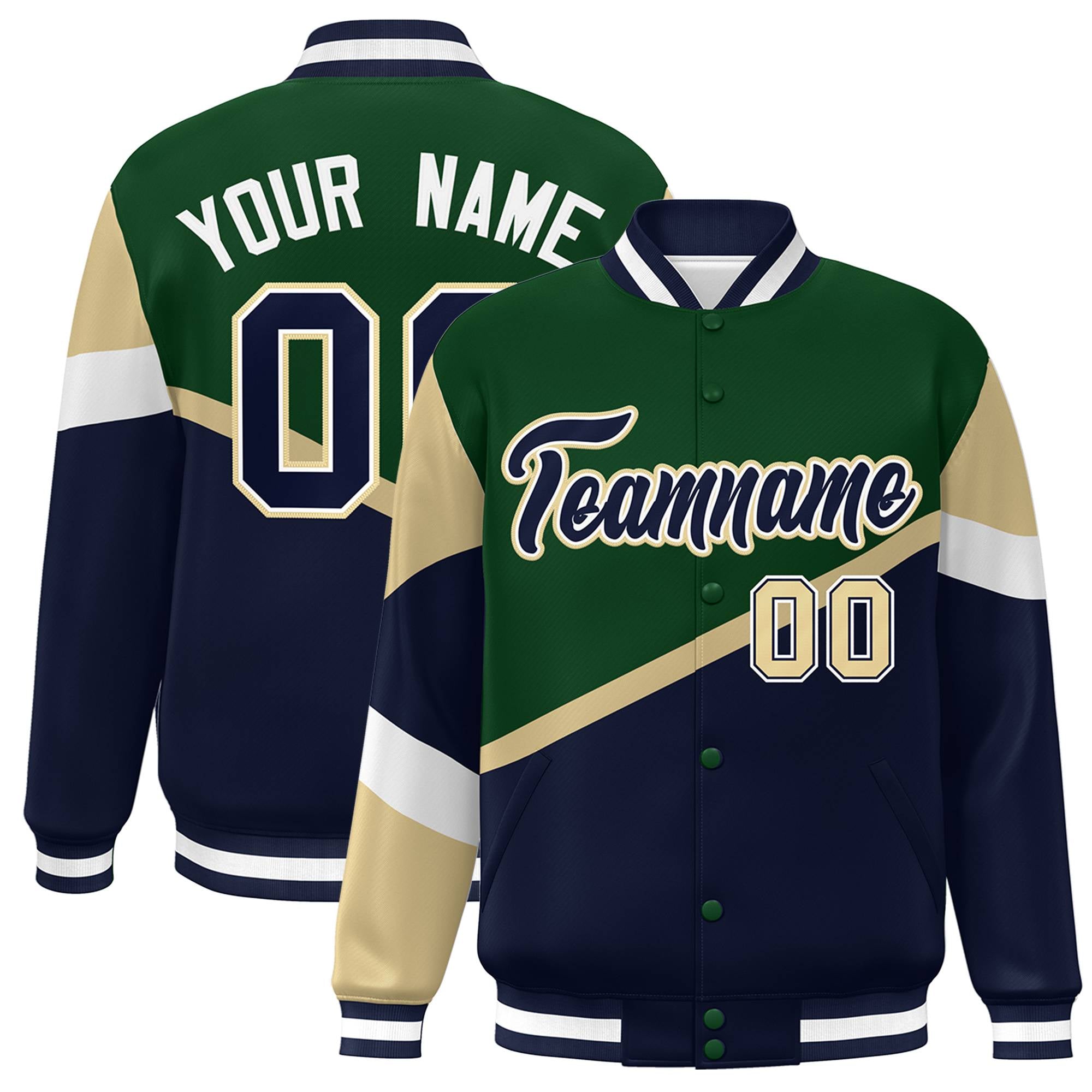 Custom Green Navy-White Color Block Bomber Varsity Baseball Jacket