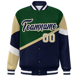 Custom Green Navy-White Color Block Bomber Varsity Baseball Jacket