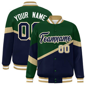 Custom Green Navy-White Color Block Bomber Varsity Baseball Jacket