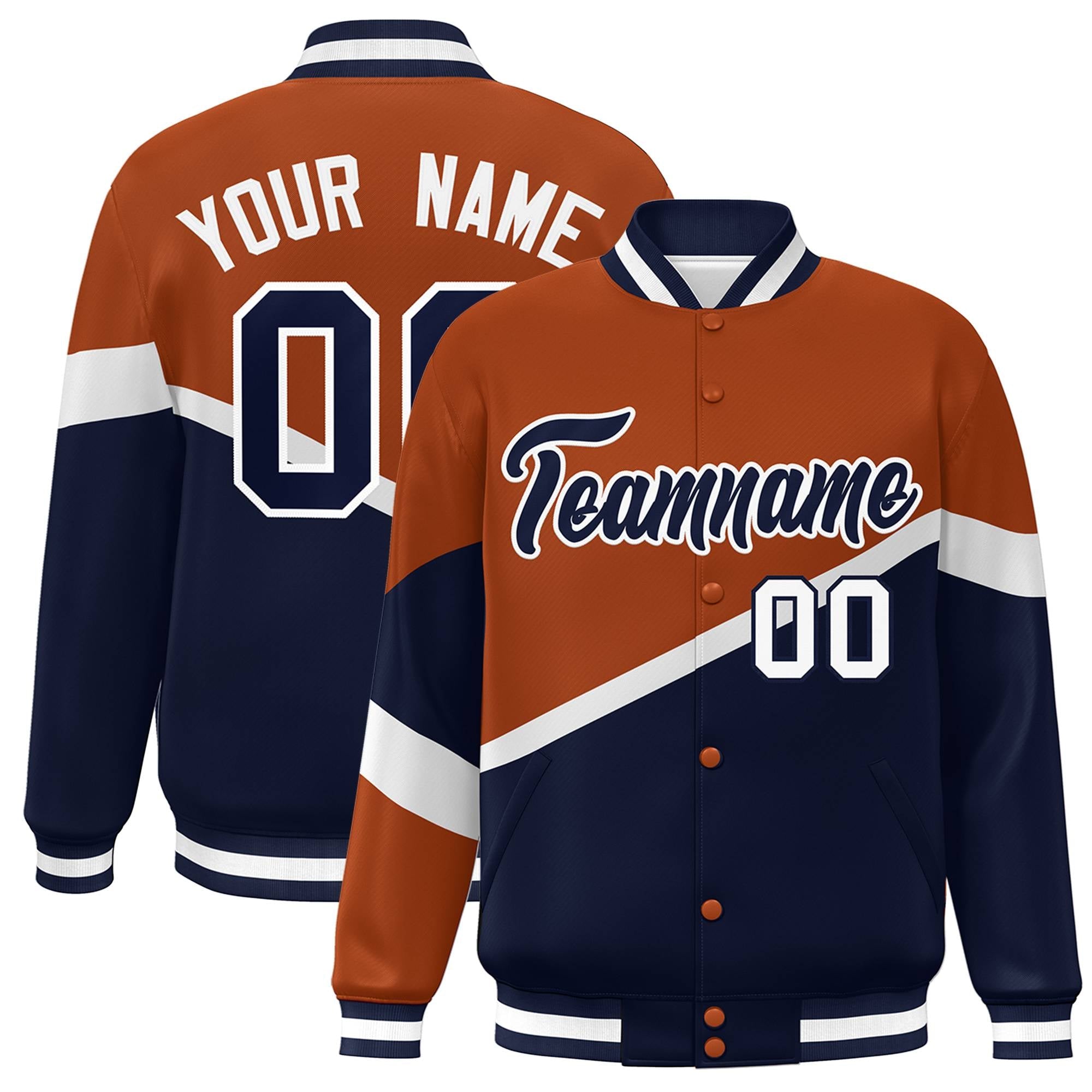 Custom Orange Navy-White Color Block Bomber Varsity Baseball Jacket