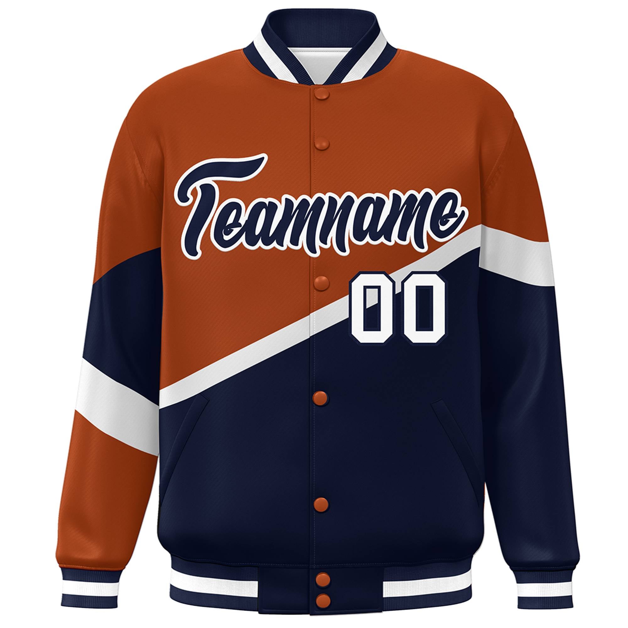 Custom Orange Navy-White Color Block Bomber Varsity Baseball Jacket