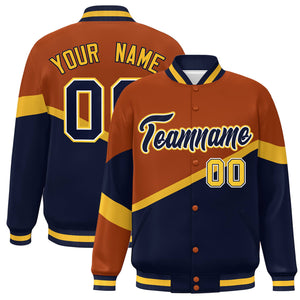 Custom Orange Navy-White Color Block Bomber Varsity Baseball Jacket