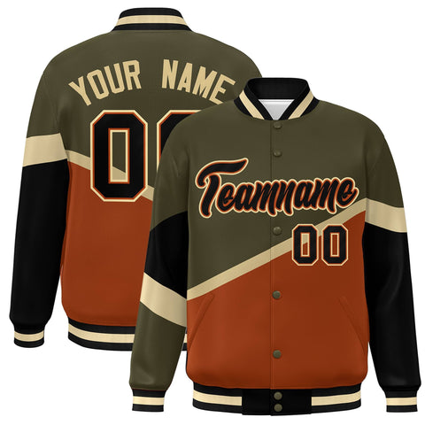 Custom Olive Orange Black-Orange Color Block Bomber Varsity Baseball Jacket