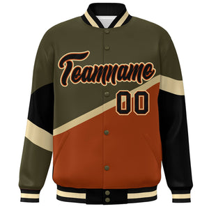 Custom Olive Orange Black-Orange Color Block Bomber Varsity Baseball Jacket