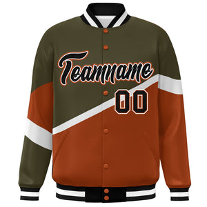 Custom Olive Orange Black-White Color Block Bomber Varsity Baseball Jacket