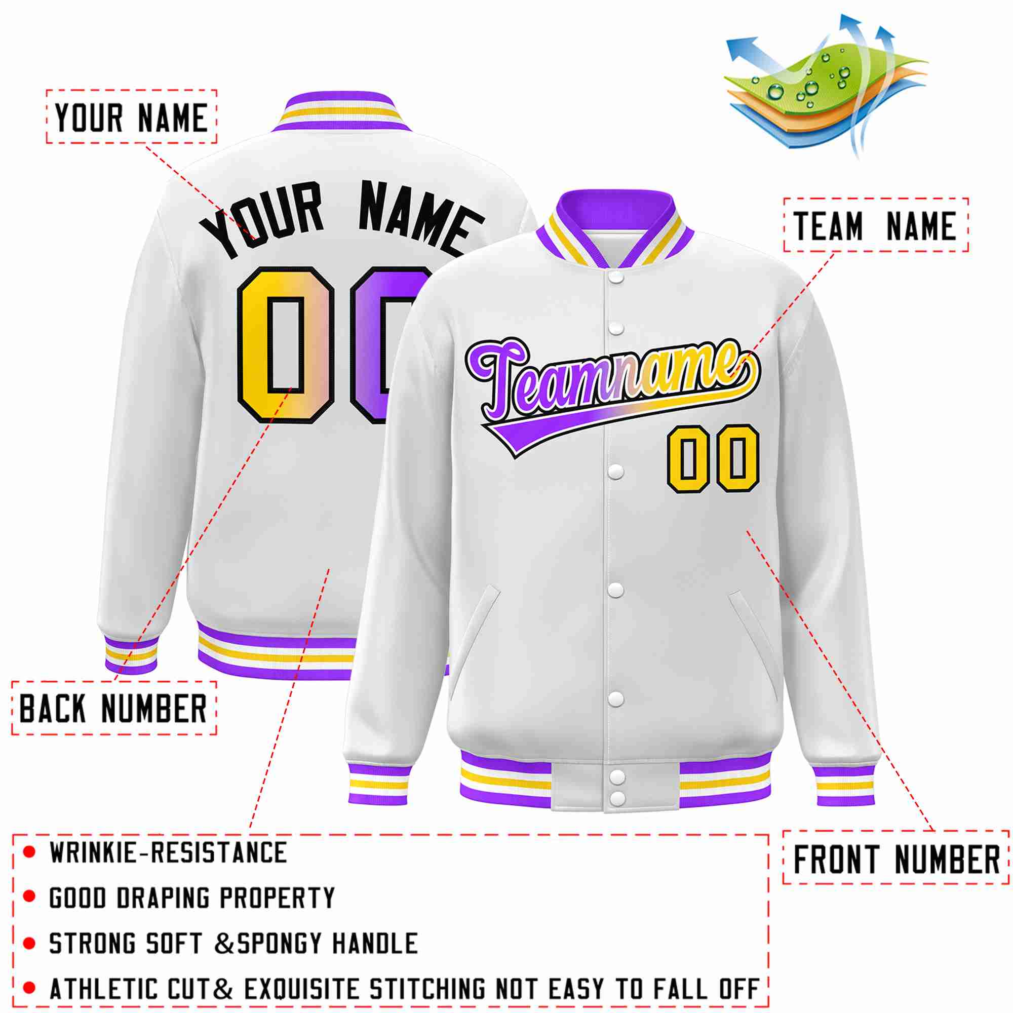 Custom White Purple-White Gradient Fashion Letterman Bomber Varsity Jacket