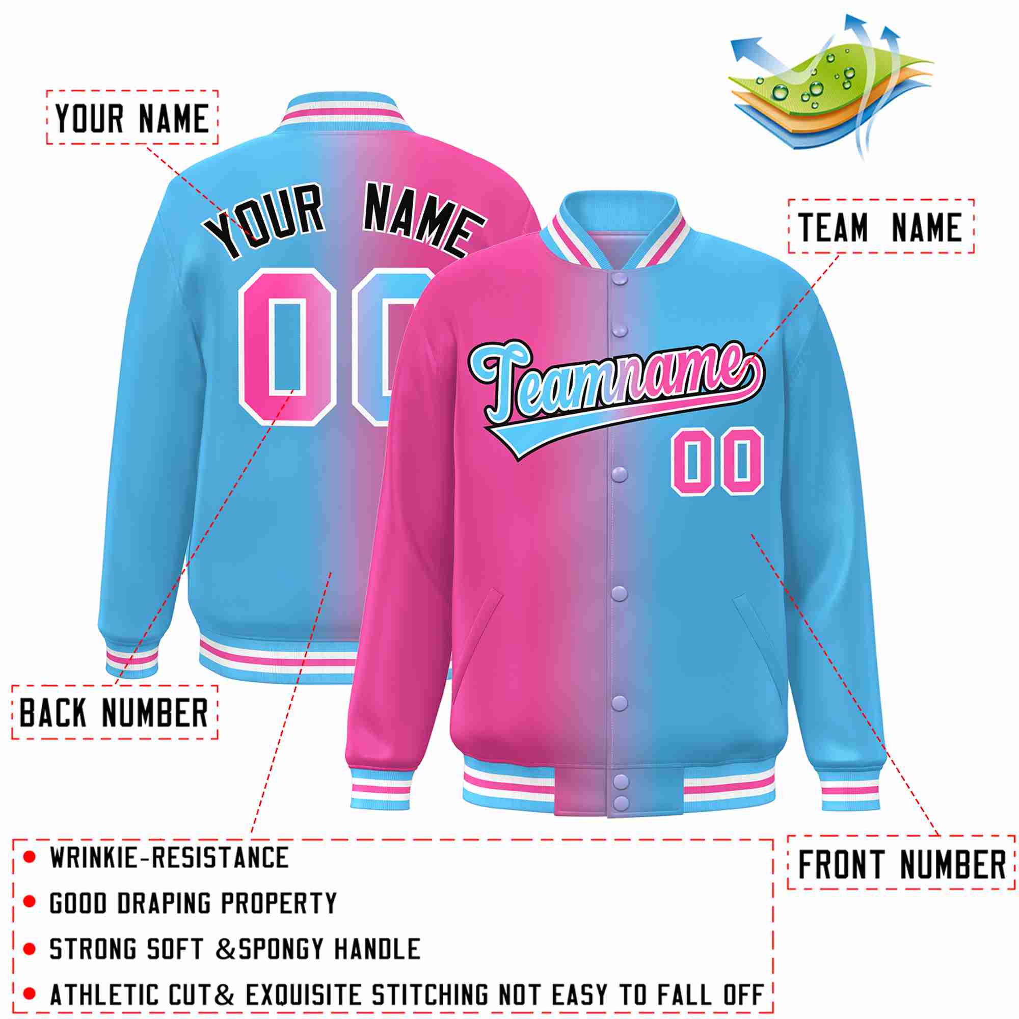 Custom Pink Powder Blue-Black Gradient Fashion Letterman Bomber Varsity Jacket