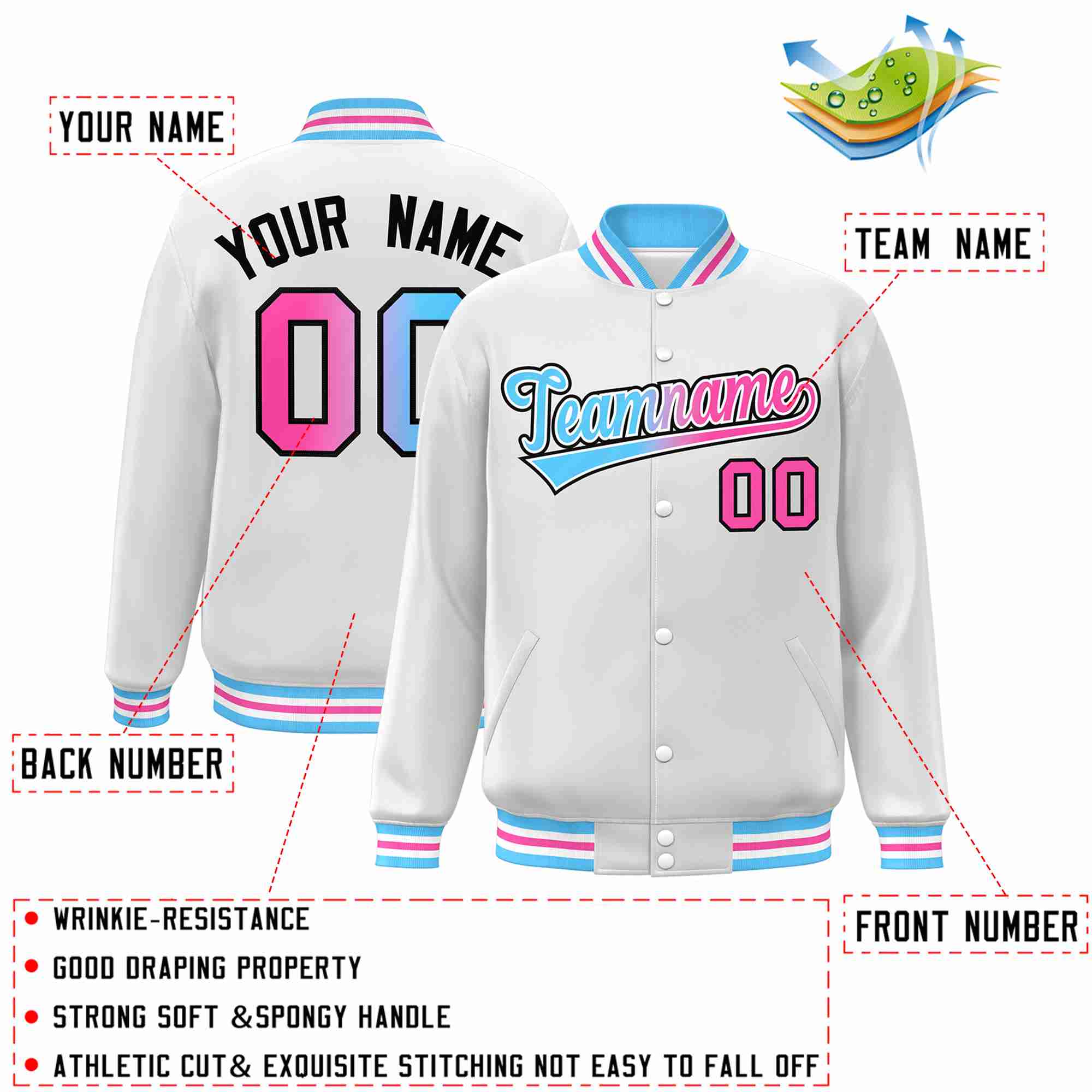 Custom White Powder Blue-White Gradient Fashion Letterman Bomber Varsity Jacket